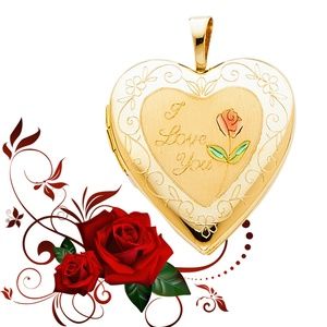 14K Flower Enamel Engraved Heart "I Love You"
